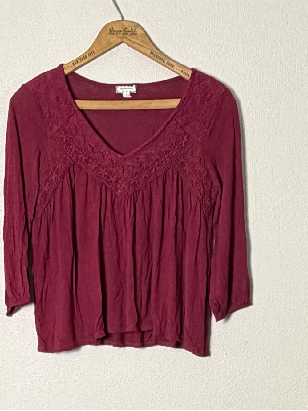 Eyeshadow Women's Long Sleeve Lace Yoke Top - Wine
